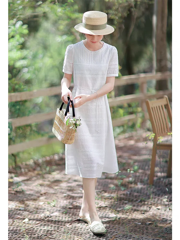 White Cotton Summer Dress Women Elegant Hollow Out Embroidery O-neck Short Sleeve Slim Waist Casual Dresses Vestidos Robe Femme