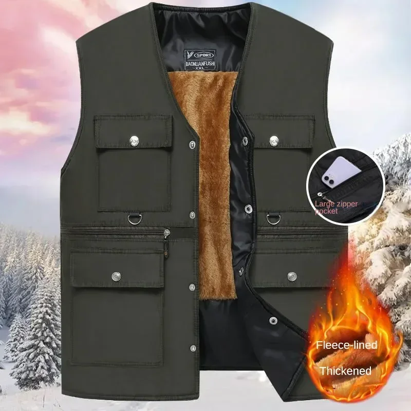 

Men's Winter Vest Jackets Multi-Pocket Fleece Outdoor Casual Solid Color Tooling Vest New Fashion Water Proof Warm Waistcoat