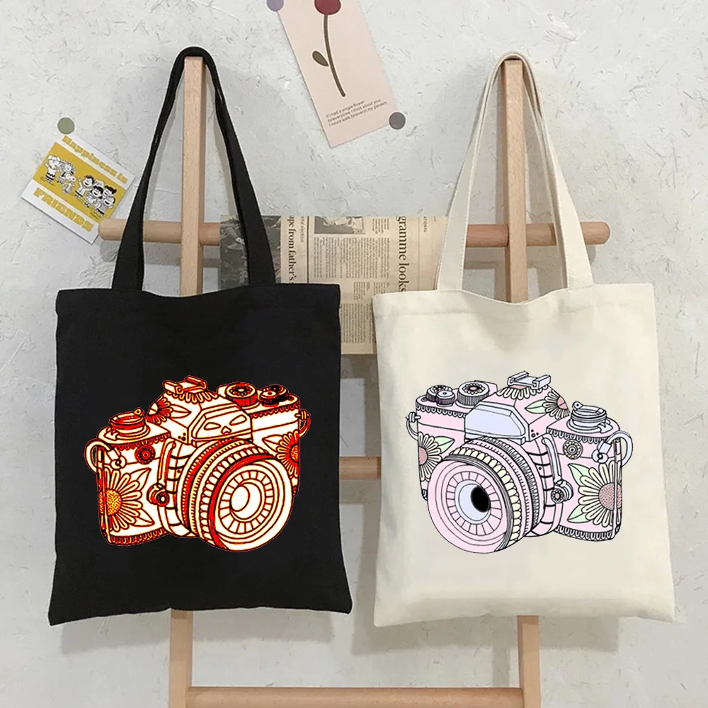 Retro Watercolor Photographer Flowers City Mountain Sunset Camera Women Canvas Shopper Cotton Tote Bag Shopping Shoulder Handbag