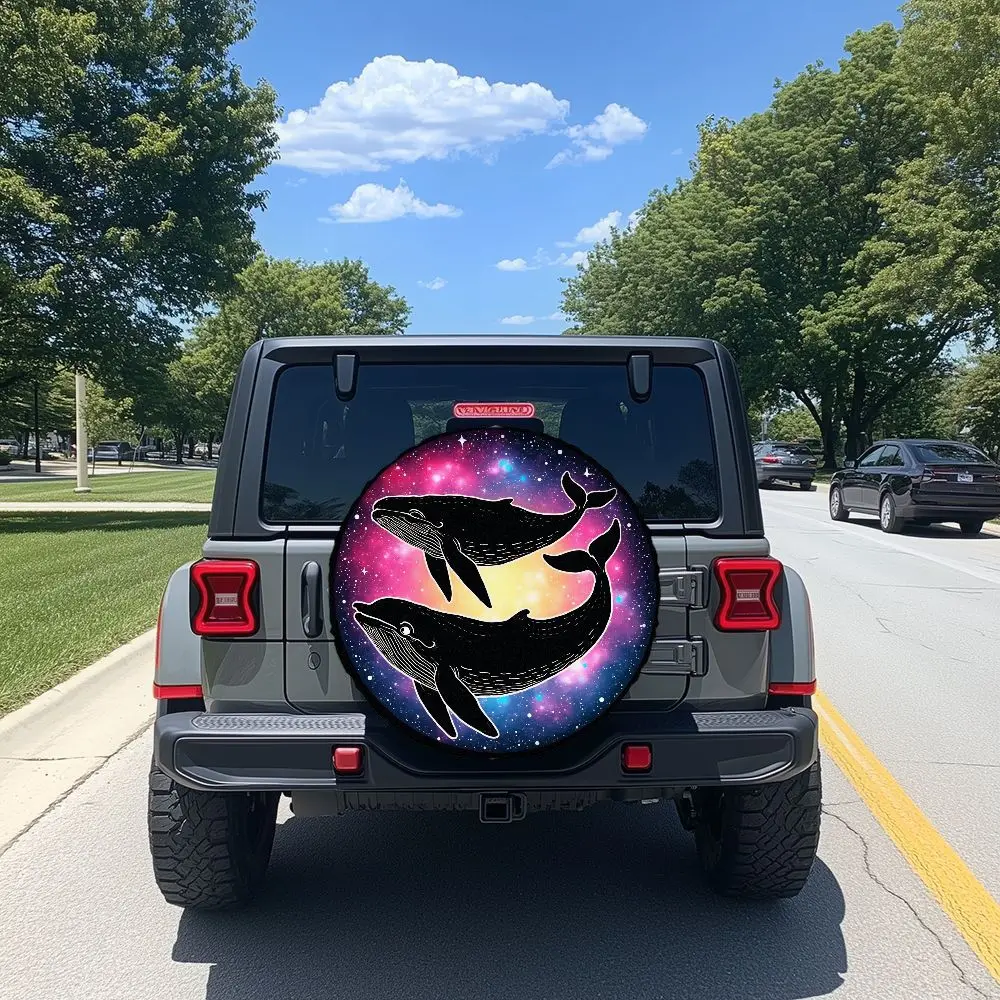 Deep Space Starry Ocean Whale Spirit Adventure Tire Cover - Vast Universe Glittering With Two Giant Dancing Spirits, Premium Po