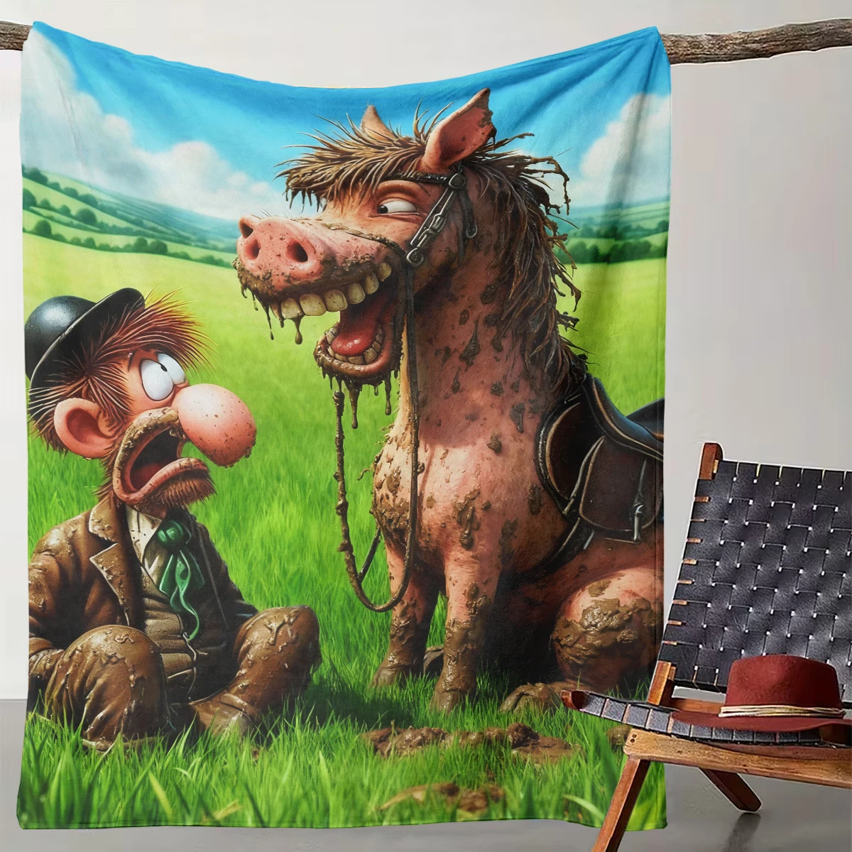 

1 Piece of Humorous Mud Man and Horse Blanket Funny Cartoon Animal Flannel Throw Blanket