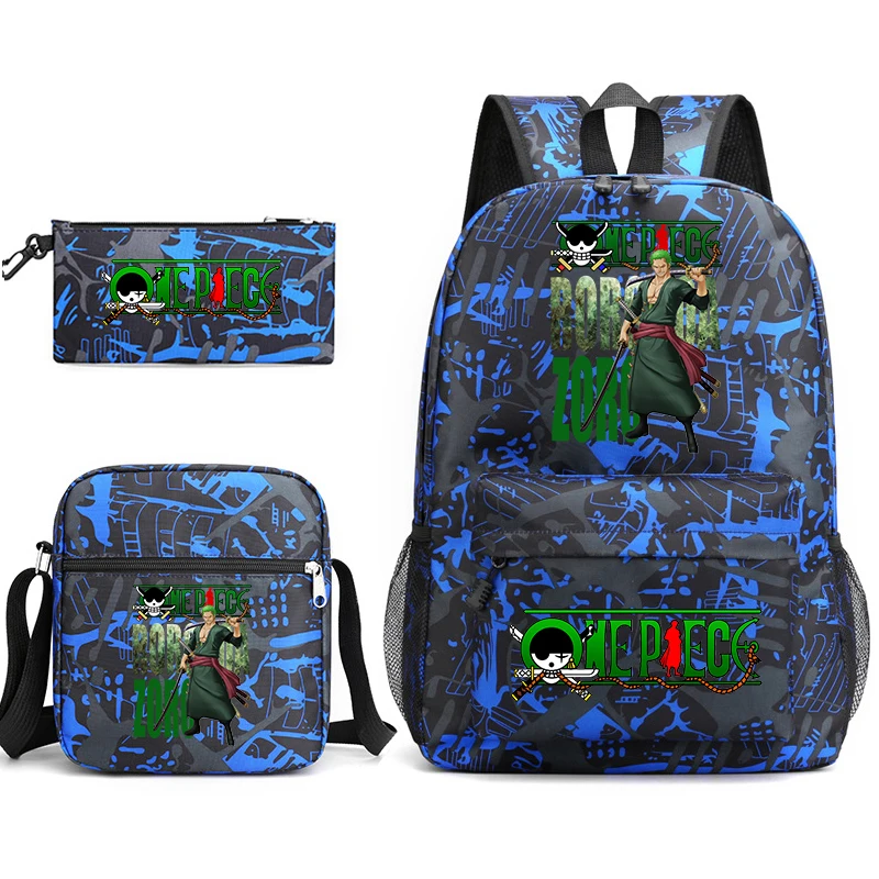 Conjunto de mochila escolar com estampa One Piece Zoro, com bolsa de ombro e estojo para crianças, adolescentes, viagens escolares, leve