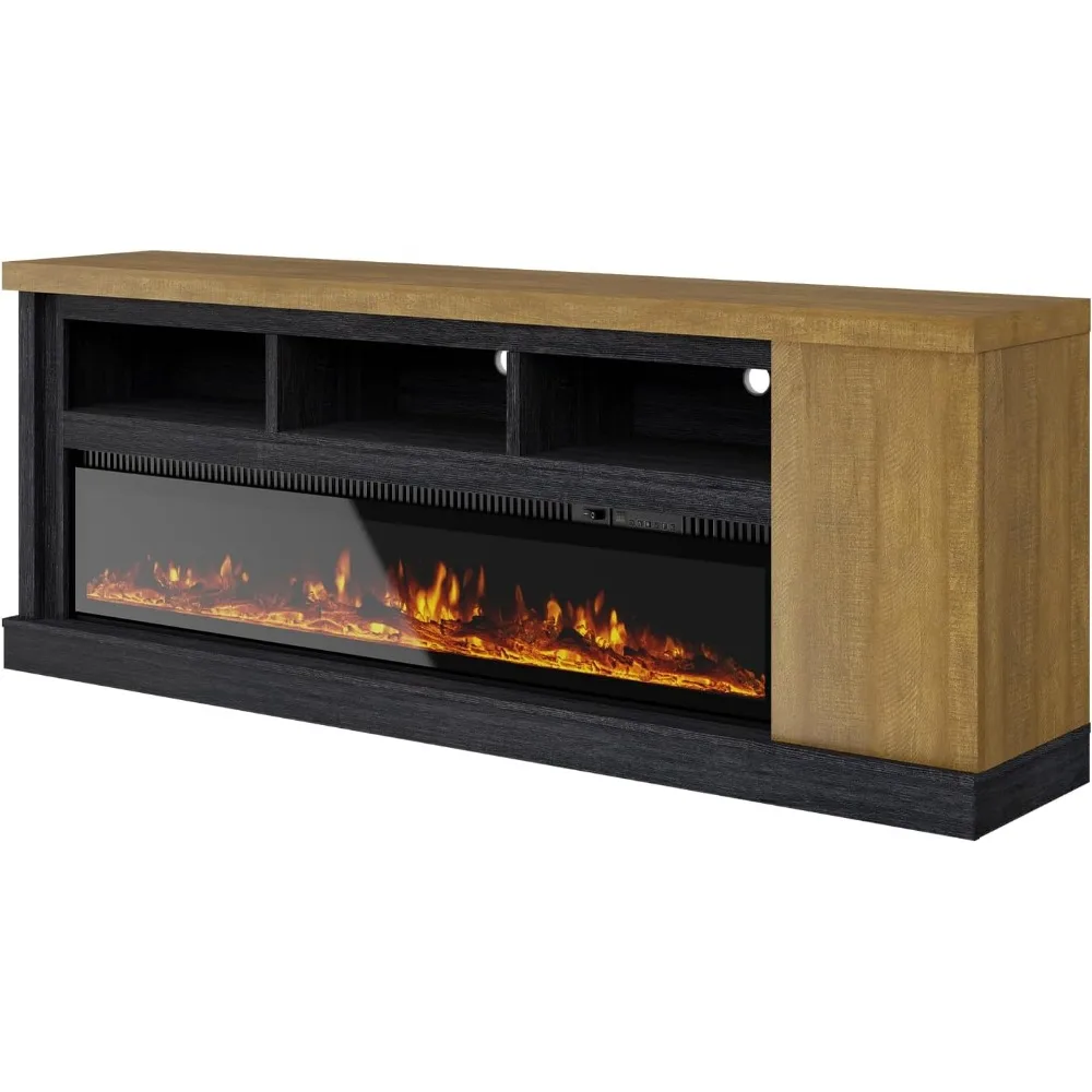 75” Fireplace TV Stand with 60” Electric Fireplace, Chunky Entertainment Center with Wood Grain, Color Clash Entertainment Stand