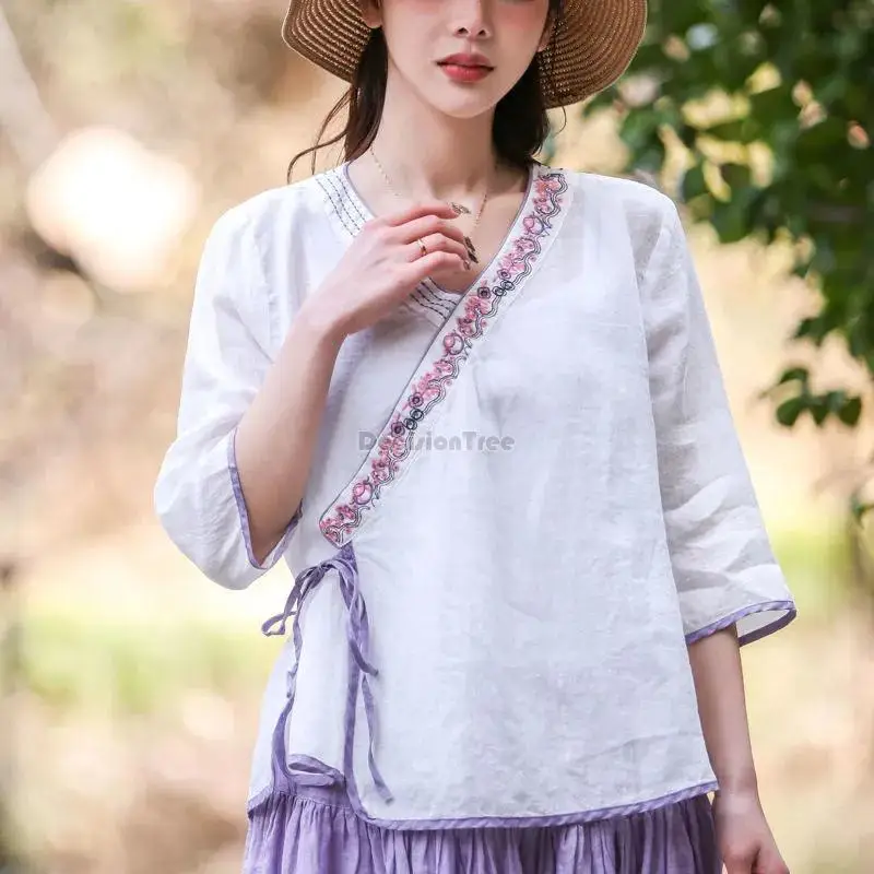 2026 Chinese women elegant blouse cotton linen embroidery ethnic style comfortable loose top comfortable oriental hanfu blouse