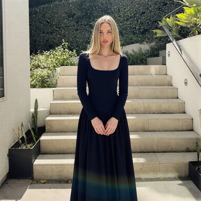 프렌치 빈티지 긴 소매 스퀘어 칼라 드레스 슬림 웨이스트 디자인 가을 신상 우아한 여성 미디 드레스 풀 슬리브