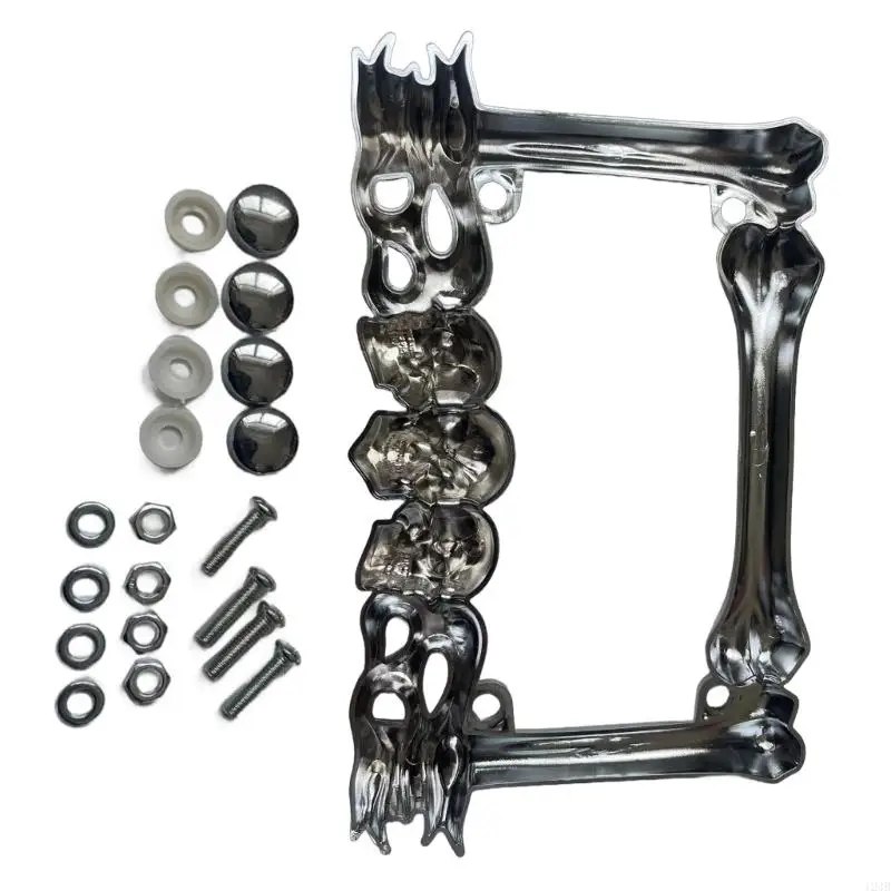 124B UniversalLicense Plate Frame with 3D Skull Head Decorations Motorcycle Number Plate Cover Bracket