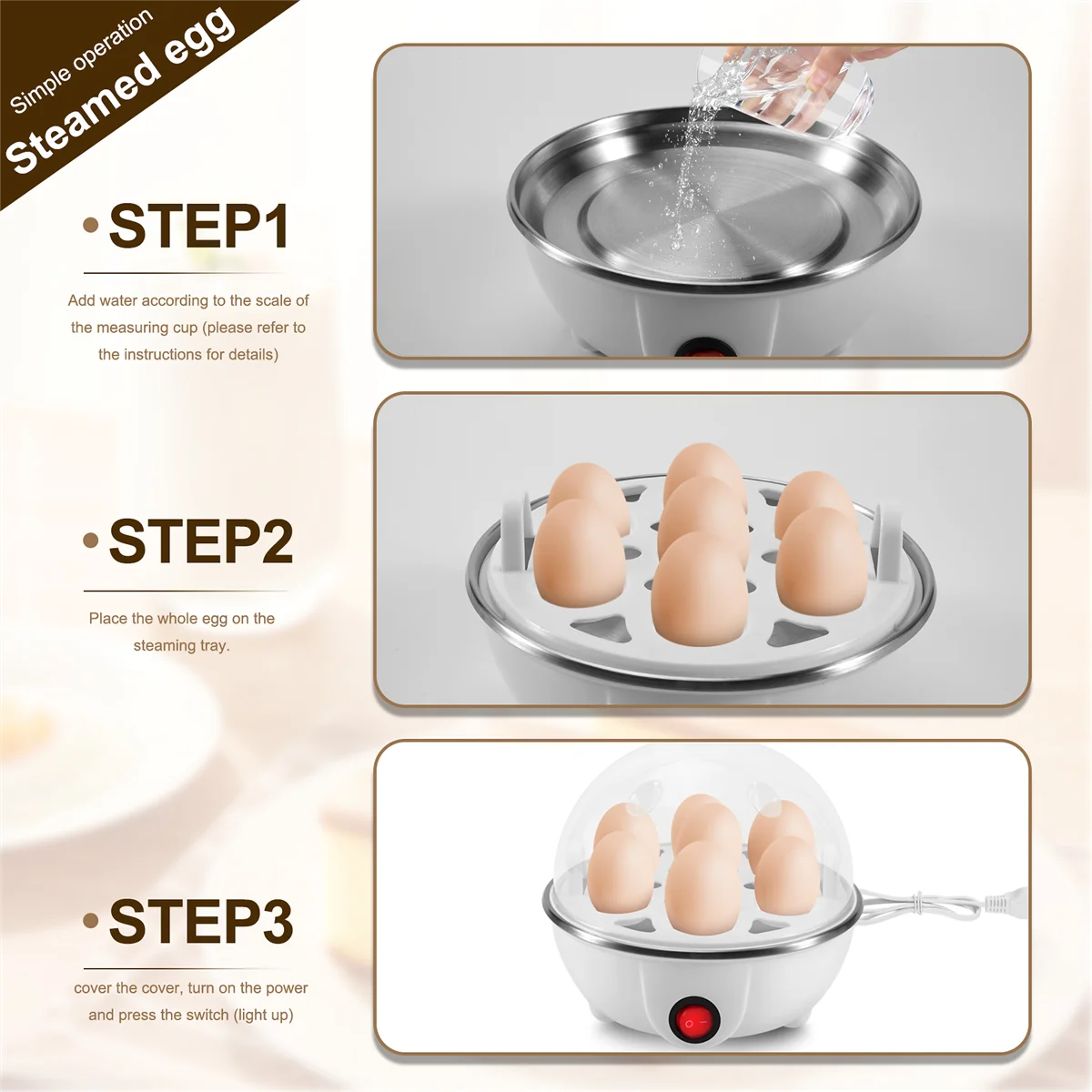 Olla eléctrica para huevos hervidos, caldera, calentamiento rápido, sartén para vaporera de acero inoxidable, herramienta de cocina, enchufe blanco de la UE