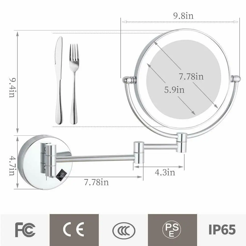 GURUN 8-Polegada Chrome 360 Girar Wall Mounte LED iluminado parede Vanity maquiagem espelhos com 3/5/7/10X magnífico banheiro