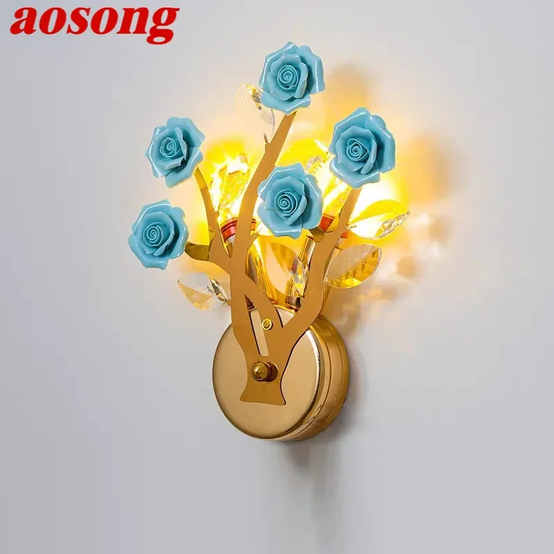 AOSONG Contemporary Crystal Wall lamp Creativity Ceramics Rose Blossoms Living Room Bedroom Girl's room Villa LED Bedside Light