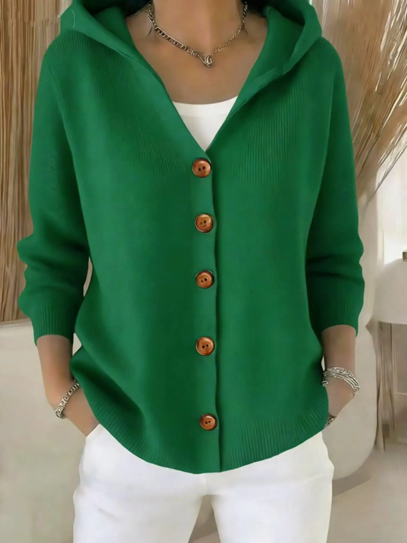 Picture 6: plus Size Women's Hooded V-Neck Knit Cardigan Long Sleeve Button Front Solid Casual Outerwear Knitted Comfortable Fit Cardigan