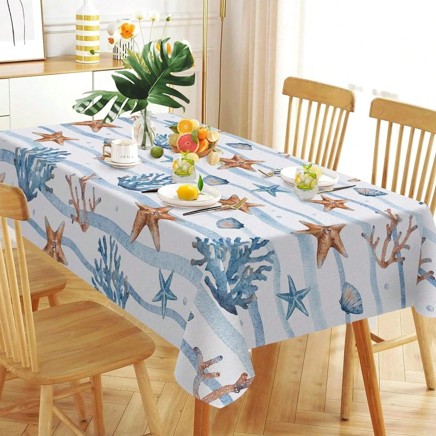 Summer Sea Star Conch Coral Tablecloth Coastal Waves Striped Table Cover for Nautical Dining Table Beach Party Picnic Decoration