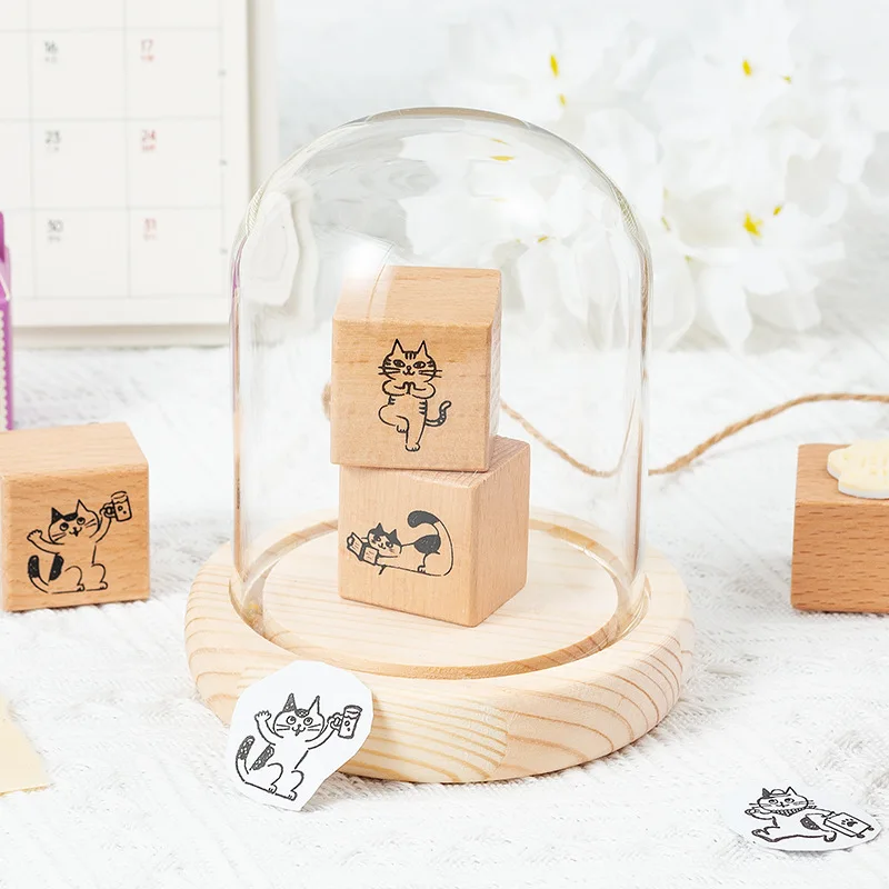 1Pc Cute Cat Daily Decoration Stamp Wooden Rubber Stamps for Scrapbooking Stationery Diy Albums Handbook Craft Standard Seal