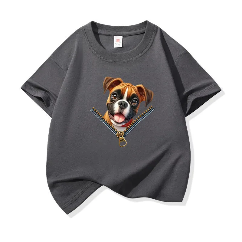Kids Cotton T Shirt Cute Boxer Puppy Dog Zipper Print Crew Neck Short Sleeve Tee Casual Breathable Boys Girls Summer Tops