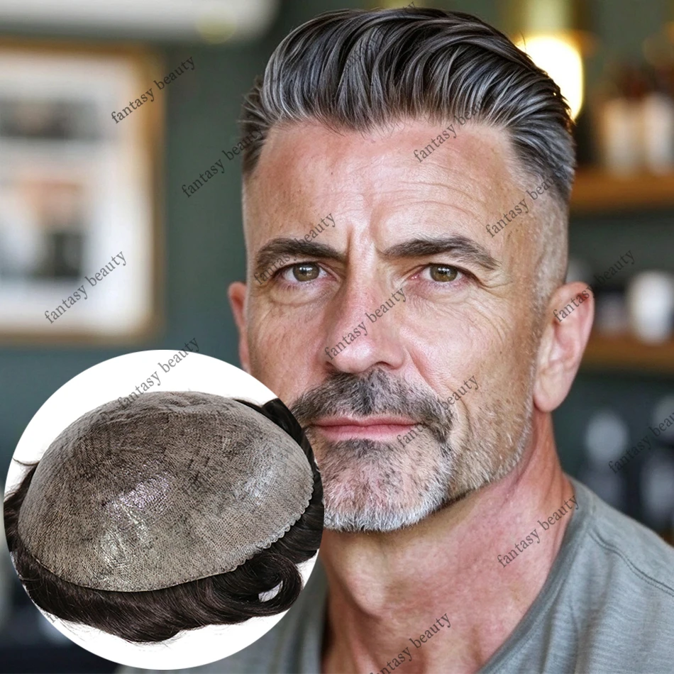 1# 2# Mens Toupee Dark Brown Black 25mm Curly Wave Human Hair Wig Super Durable Thin Skin 0.1mm PU Capillary Prosthes Injection