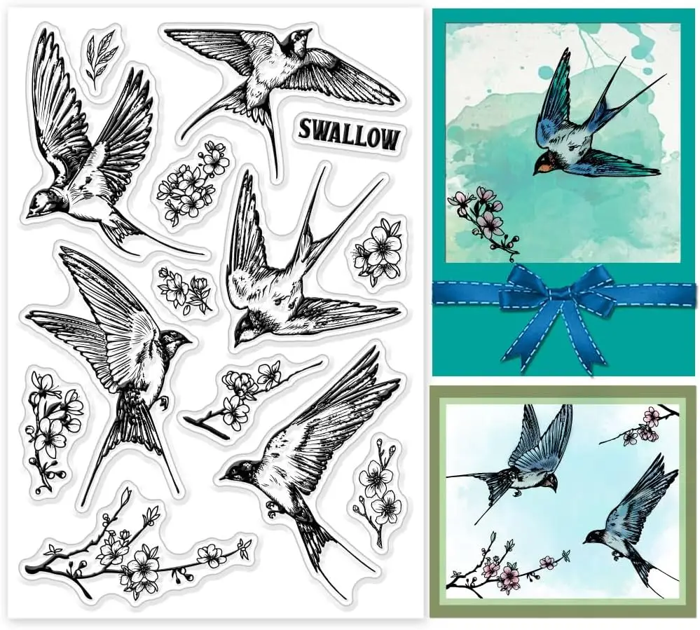 Swallow Branch Flower Clear Stamps for DIY Scrapbooking Flowers Swallow Silicone Stamp Seals Transparent Stamps for Cards Making