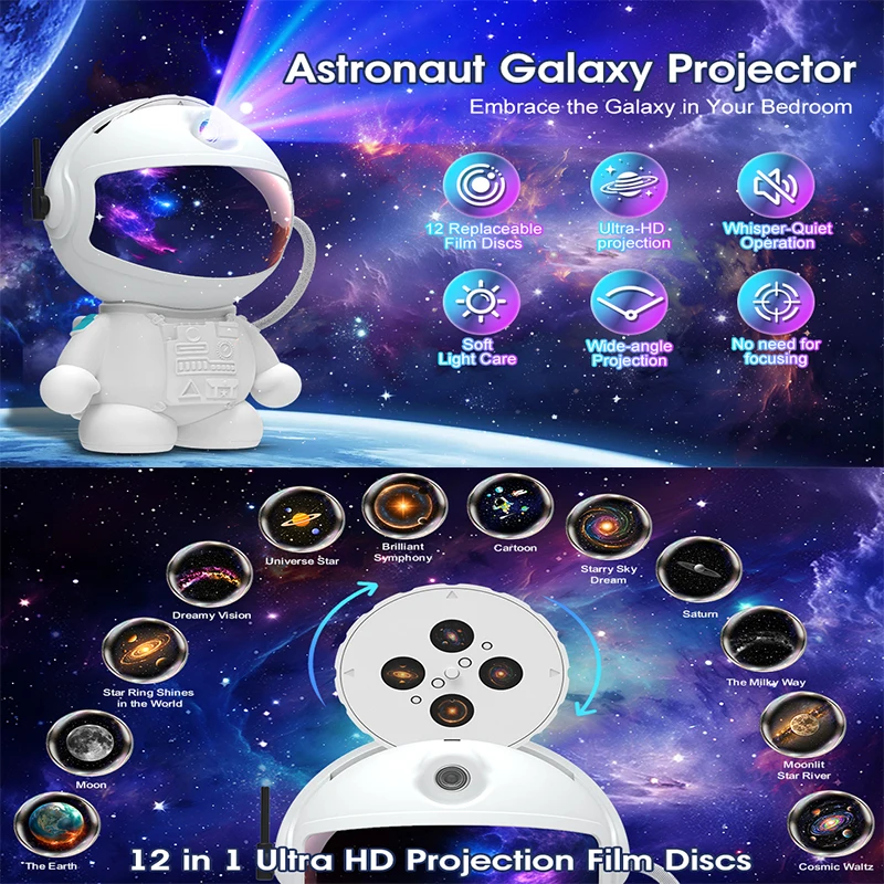 Astronaut Galaxy Projector, Star Projectors with 12 Space Films, Planetarium Light Ceiling Nebula, Kids Room Decor