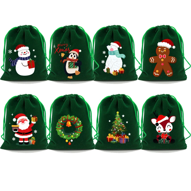 Hot Sale 5Pcs/lot Green Christmas Velvet Bags 9x12 13x18cm Drawstring Pouch Candy Gift Bag Favor Earrings Jewelry Packaging Bags