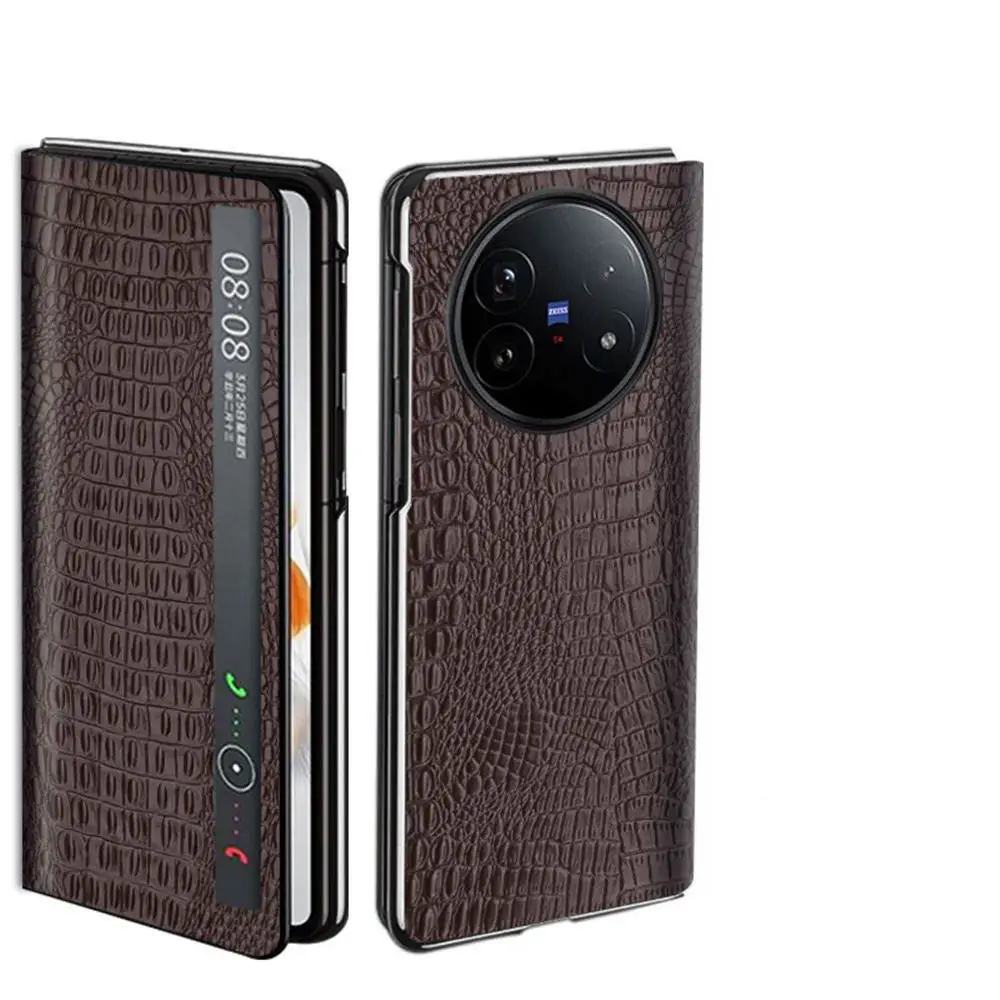 Premium Natural Cowhide Leather Crocodile Flip Case for Vivo X Fold5 Matte Window View Cover