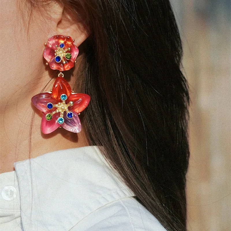 women fashion style earrings silver needle retro gradient crystal glass starfish exaggerated flower earrings