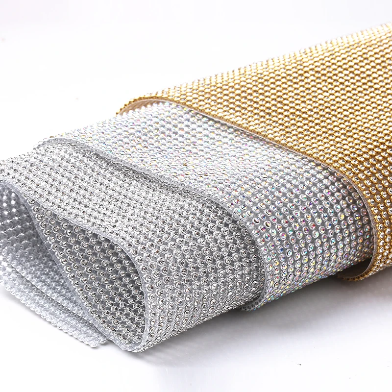 RESEN 45X20CM/PCS Hotfix Iron On Crystal Rhinestones Sheet Gold Base Adhesive Diamond Wrap For Party Stage Decoration