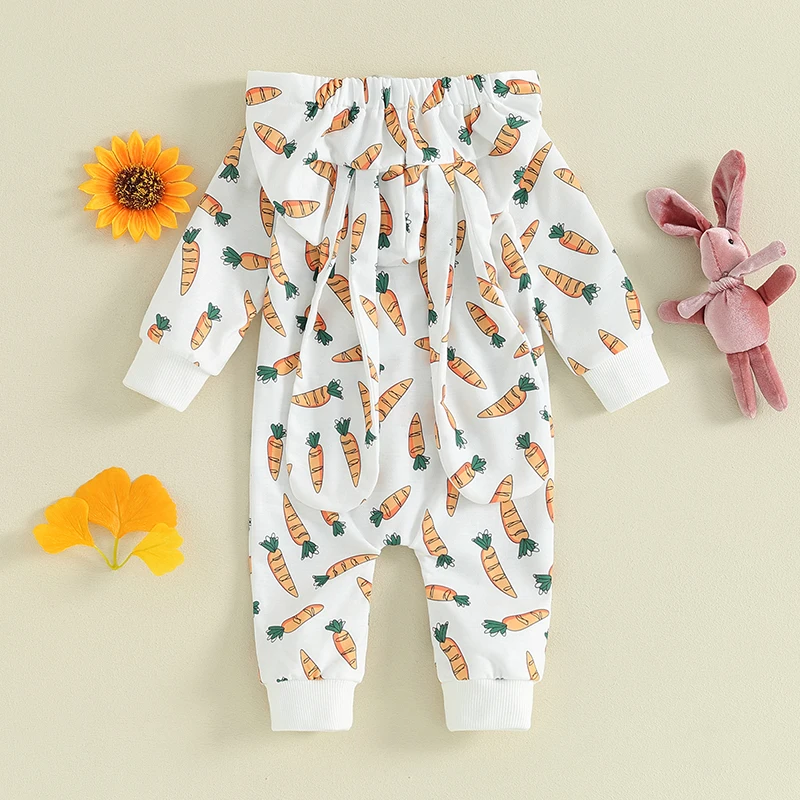 

Toddler Baby Easter Romper Carrot Print Bunny Ears Long Sleeve Hoodie Jumpsuit for Newborn Girl Boy Cute Clothes