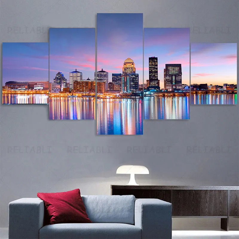 5pcs Canvas Painting Wall Art New York City Construction Scenery Pictures Prints Night View Landscape Poster Home Decor Unframed
