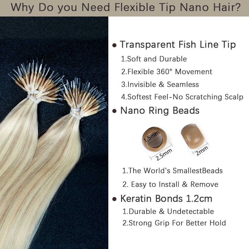 Linea di pesce Estensioni dei capelli con punta nano Capelli umani Punta flessibile Nano Anello Micro anelli per capelli Estensione dei capelli 50 g/pacco 12-24 pollici