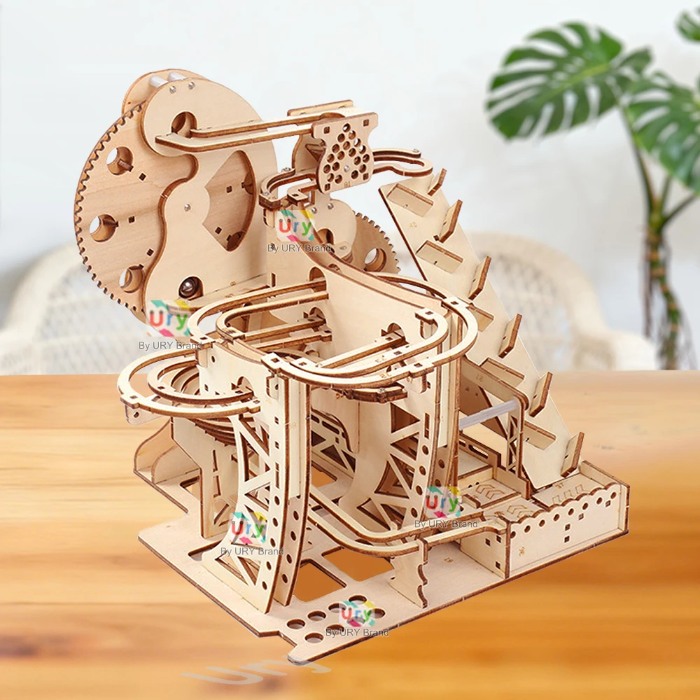 Ury ثلاثية الأبعاد الألغاز الخشبية الكهربائية الرخام تشغيل مجموعة المنجنيق جهاز المسار نموذج ميكانيكي كرات العلوم المتاهة الجمعية هدية للأطفال