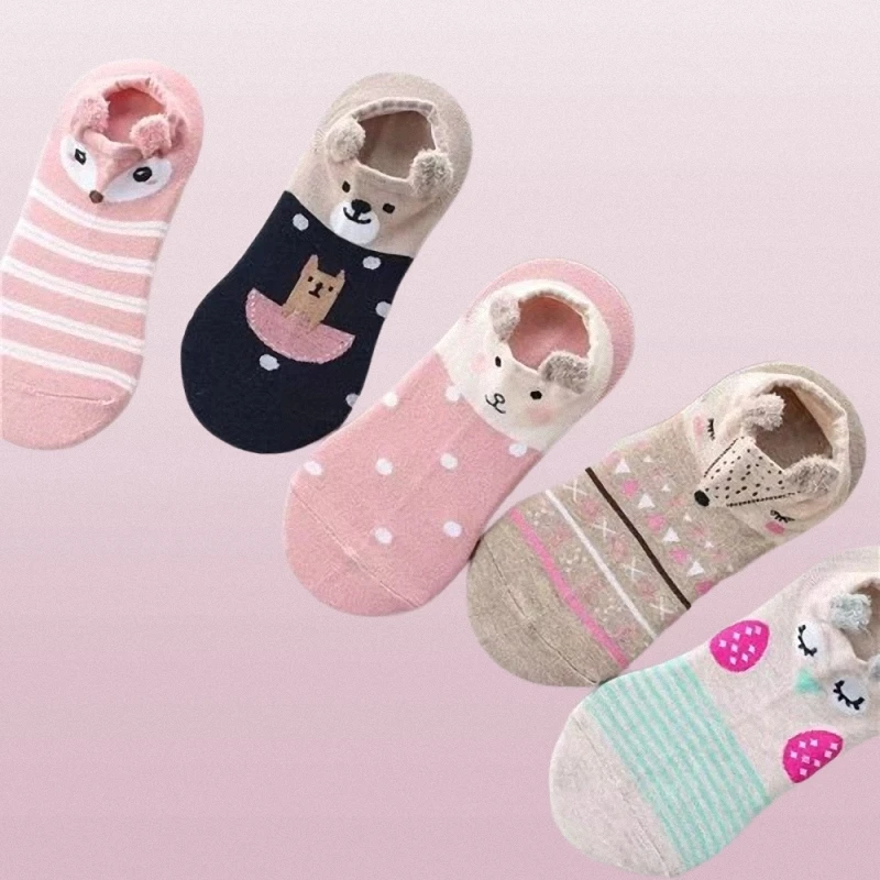 Chaussettes courtes invisibles peu profondes pour femmes et filles, chaussettes de bateau de dessin animé, coupe basse tridimensionnelle, petites oreilles mignonnes, 5/10 paires