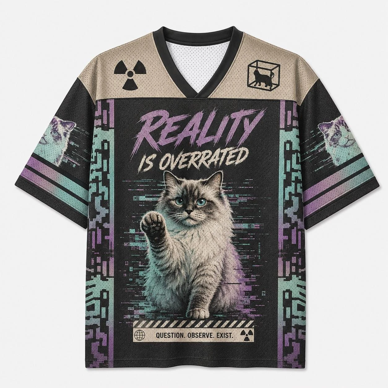 Unisex Cyberpunk Glitch Cat  Jersey Top Men Women Sci‑Fi Kitty Print Short‑Sleeve Tee Retro Y2K Urban Street‑Wear Casual Shirt