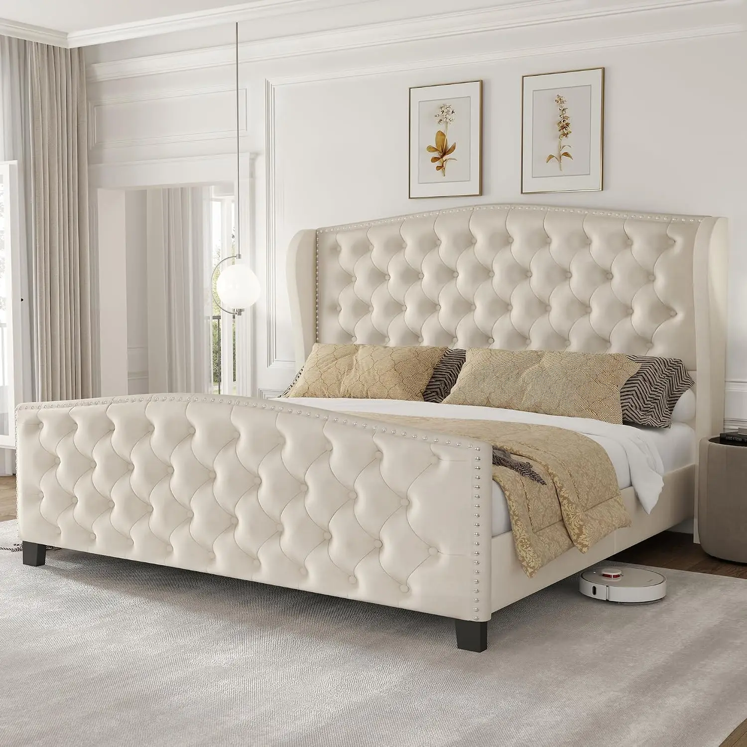Queen Size Bed Frame Velvet Upholstered Platform Bed With Wingback Headboard & Footbaord, Deep Button Tufted Bed, Customized