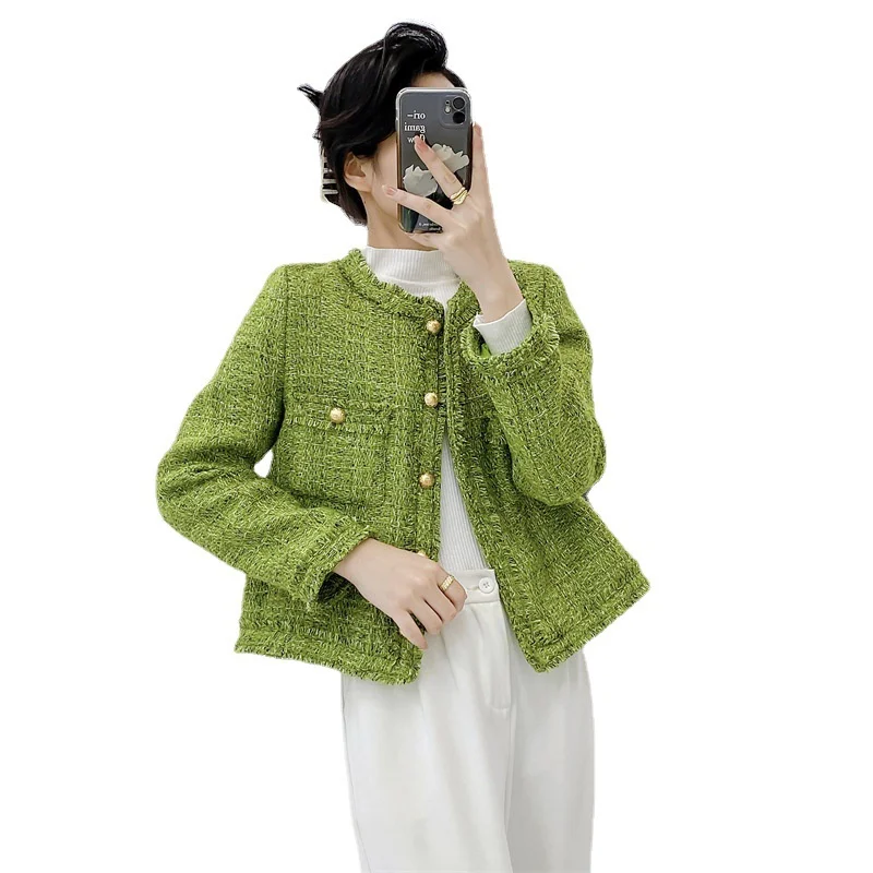 Green Tweed Jacket Coat Women Coarse Woolen Short Outerwear Autumn Winter Fashion O-neck Single-breasted Casual Tops Small Coats