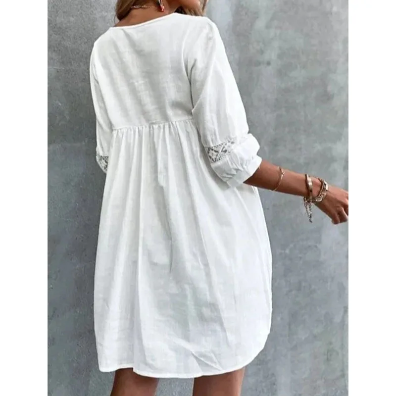 Mini abito bianco estivo da donna sexy casual allentato Boho Beach vestito estivo da vacanza in pizzo con scollo a V abiti a mezza manica abiti femminili
