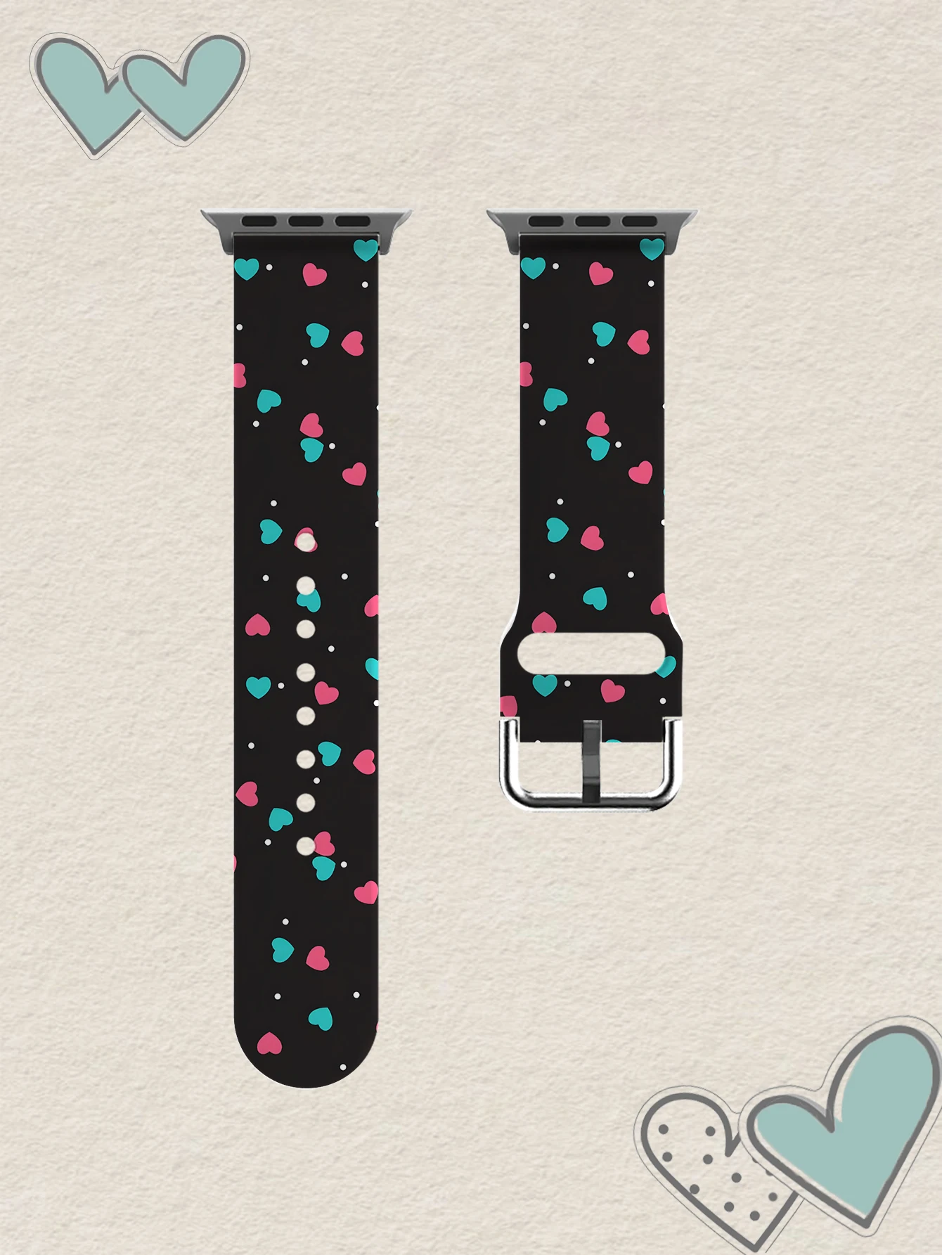 

Зелено-розовый ремешок с маленькими сердечками для Apple Watch 45 мм, 44, 40, 41, 38, 42 мм, TPU, для iWatch Series 11, 10, 9, 8, 7, 6, 3, SE, Ultra 3