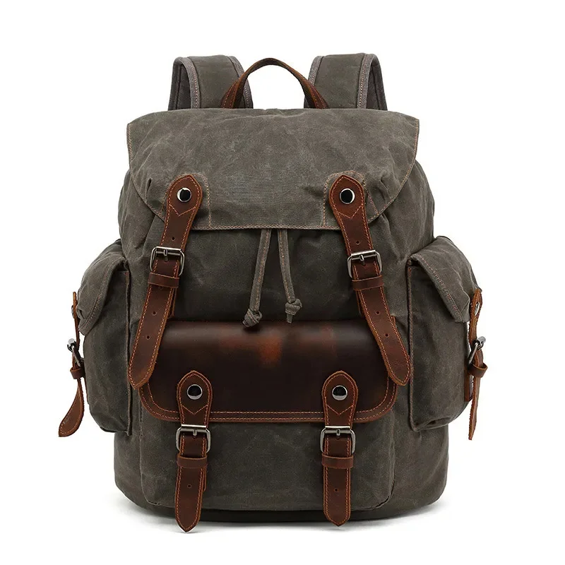 

Vintage Canvas Backpacks For Men Oil Wax Leather Laptop Backpack Travel Waterproof School Daypacks Retro Bagpack Large Capacity