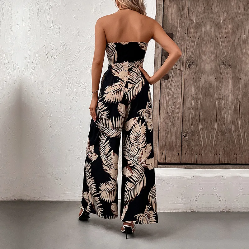 Summer Casual Vacation Tropical Style Leaf Print Strapless Jumpsuit