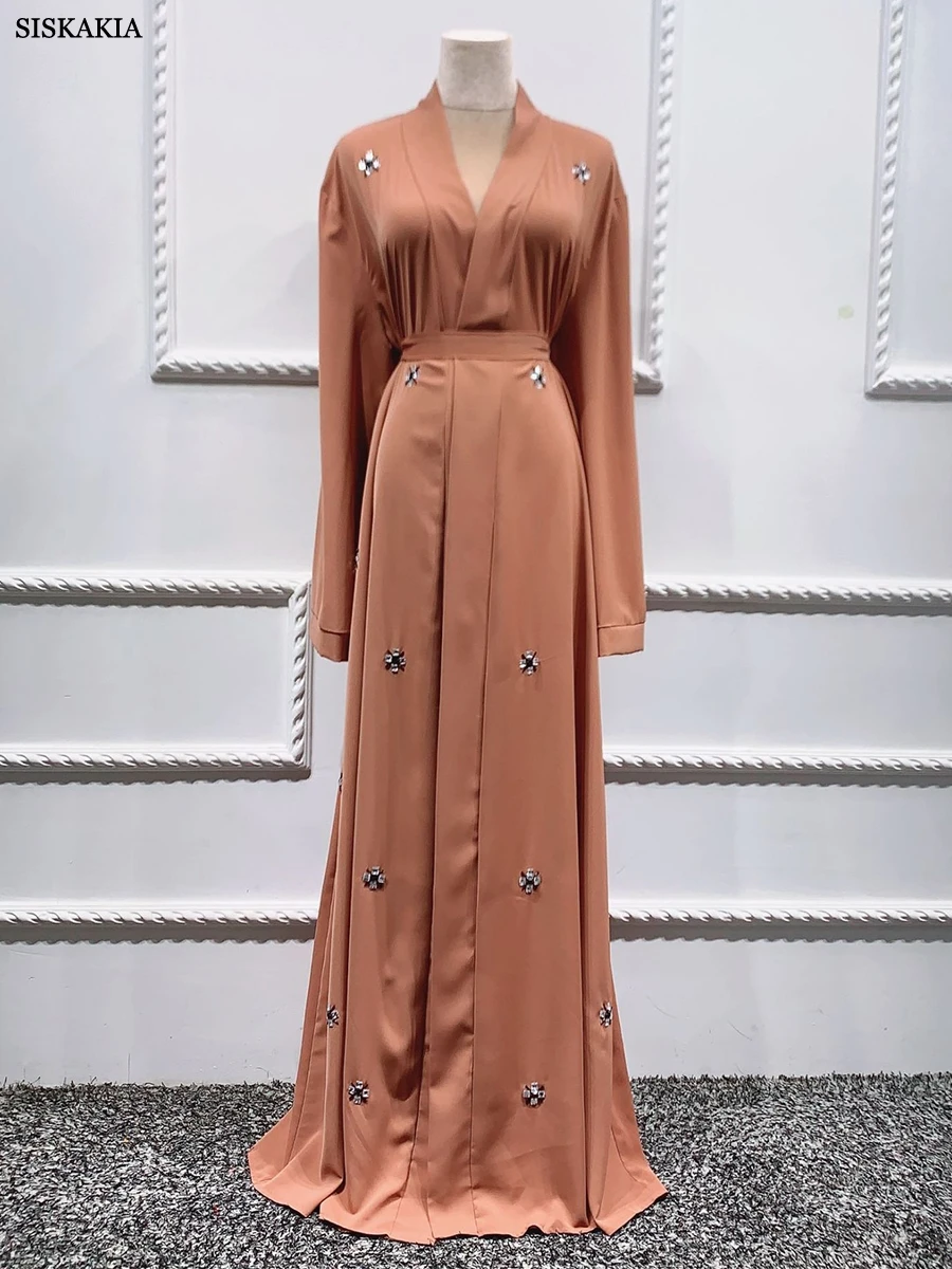 Siskakia-Kimono abierto con cuentas para mujer, Abaya con fajas, estilo marroquí, africano, musulmán, ropa de Dubái