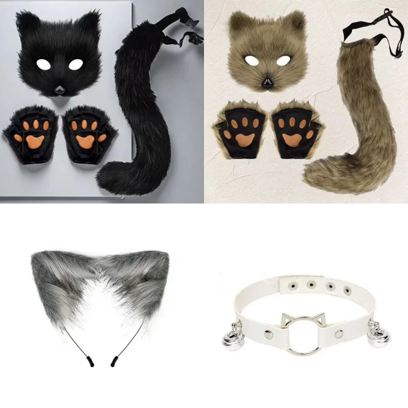 NUOVO set di maschere di volpe di Halloween, accessori fatti a mano con coda di peluche, comprese guanti e costumi realistici di coda di volpe per uso speciale