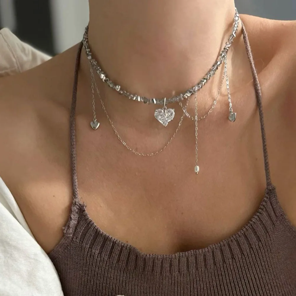 Boho Geometric Transparent Crystal Jewelry Fashion Vintage Sexy Zircon Heart Pendant Tassel Necklace For Women Neelry