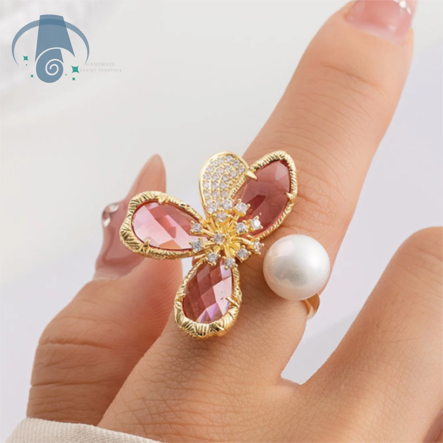 Vintage Floral Open Ring Pink Crystal Index Finger Micro Pave Petal Lightweight Elegant Unique Artistic Bohemian Daily Wear Gift