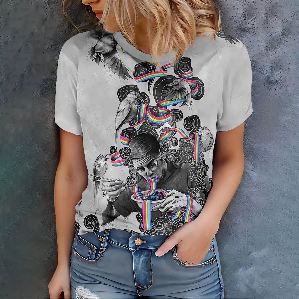 

Unique personality light gray with fantastic creative design pattern printed daily casual fashion women's short sleeved T-shirt