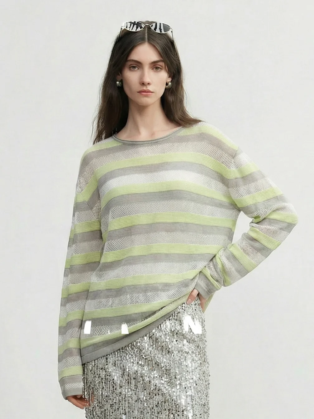 

Свободный вязаный топ Miiine из ацетатного льна с круглым вырезом, в повседневном стиле, с длинными рукавами, ажурным полосатым дизайном, весенняя новинка