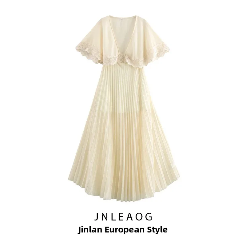 

JNLEAOG Новое поступление: Женское модное романтичное платье с кружевными вставками, плиссированное, длинное, с V-образным вырезом, элегантное, с завышенной талией, летнее