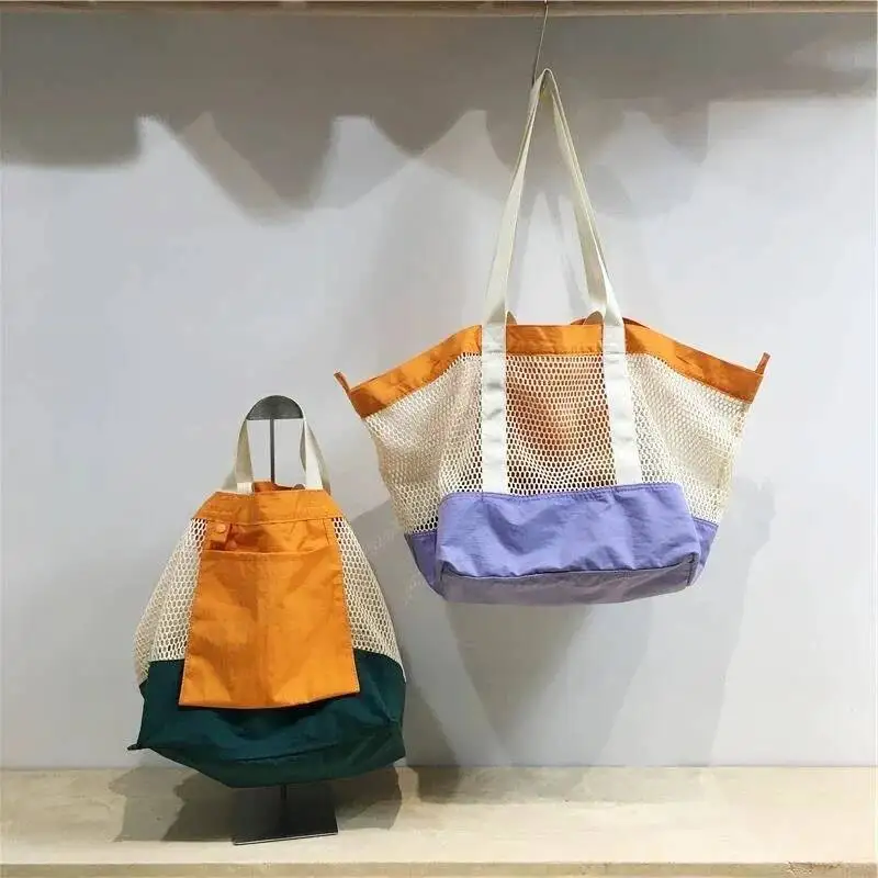 パッチワークコントラストカラーメッシュショルダーハンドバッグ女性ヴィンテージ Y2k 美的脇の下バッグファッション中空両面トートバッグ