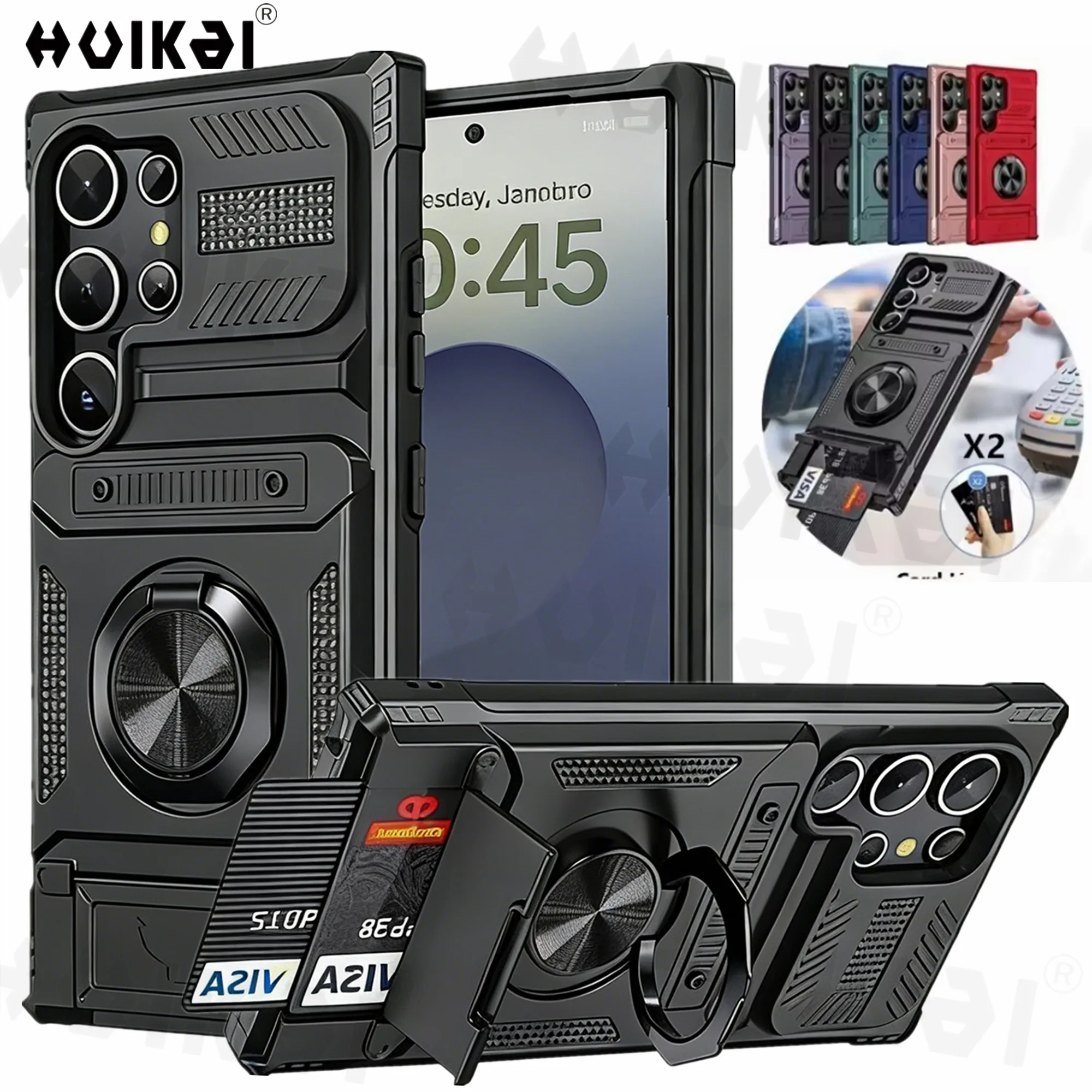 Hülle für Samsung Galaxy S26 Ultra S26 Plus S25 Ultra S25 mit Kartenfach, drehbarem Ringständer, robuste, stoßfeste Brieftaschenhülle