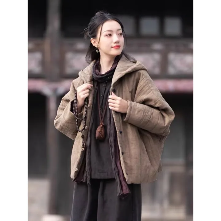 Chaqueta de Lino y Aodón ueso Teñida Corta con Capucha Estilo Chino Retro con Botones Abrigo de Invierno para Mujer Aod...