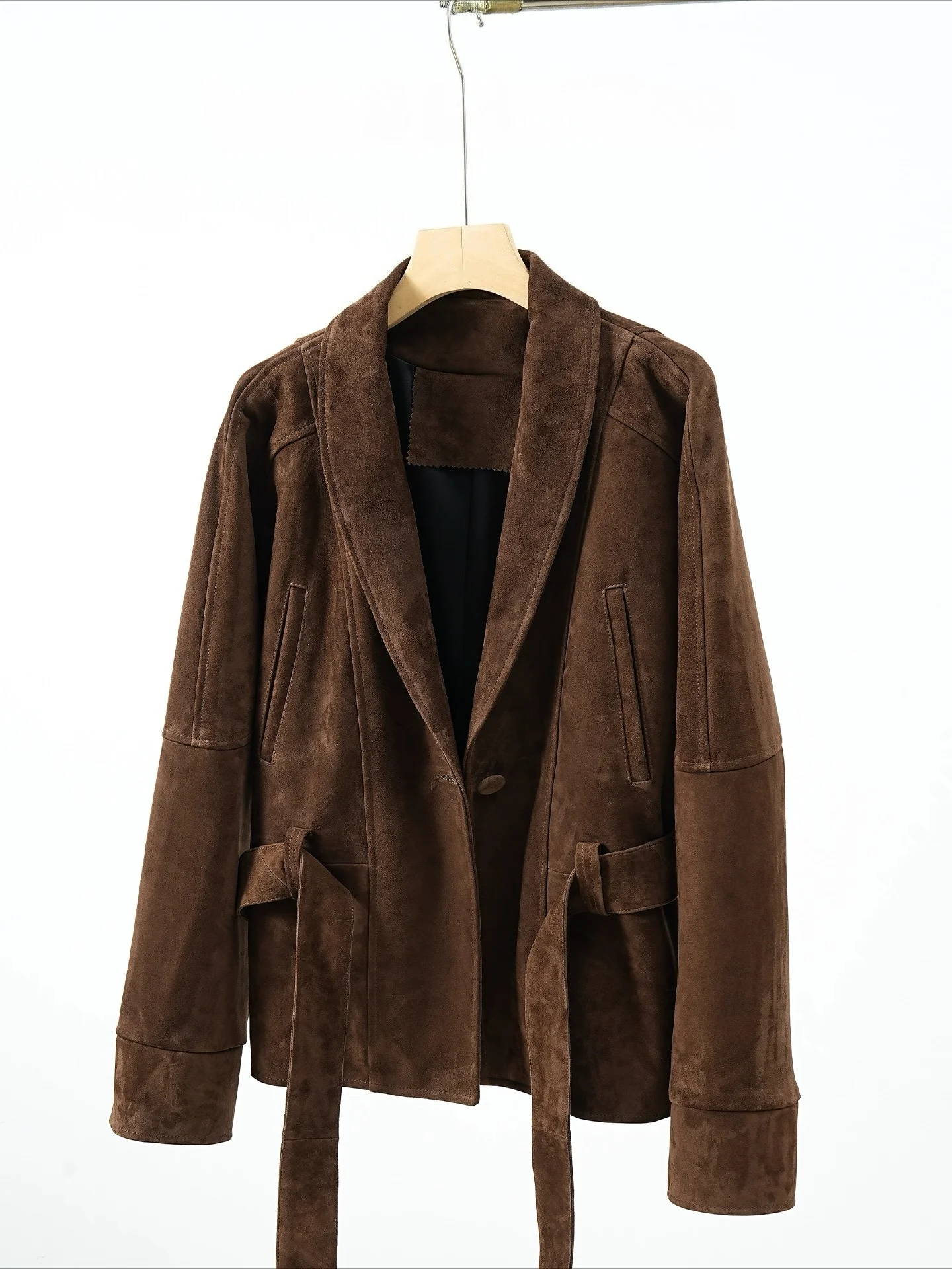 Retro French High-end Suede Leather Jacket for Woman Auburn Coat with Waistband Female Outwear lapel