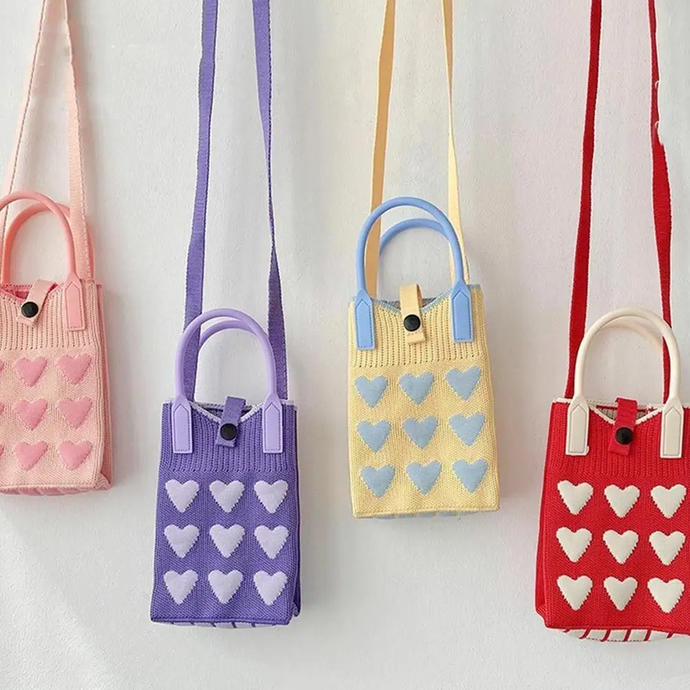 

Вязаная мини-сумка для телефона в форме сердца, женская, милая, через плечо, наручная сумка, кошелек и сумочка