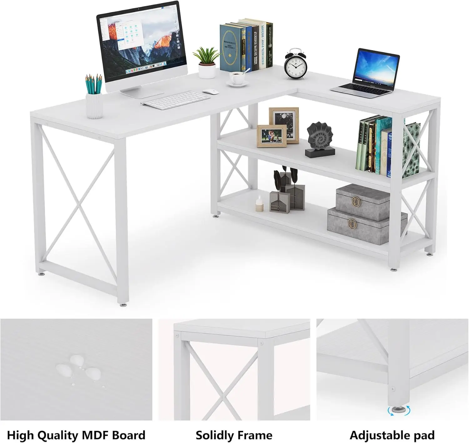 Reversible Industrial L-Shaped Desk with Storage Shelves, Corner Computer Desk PC Laptop Study Table Workstation