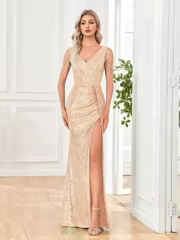 Elegant V-Neck Sequin Evening Dresses Long 2025 Luxury Women Formal Dress Wedding Party Prom Beading Gown